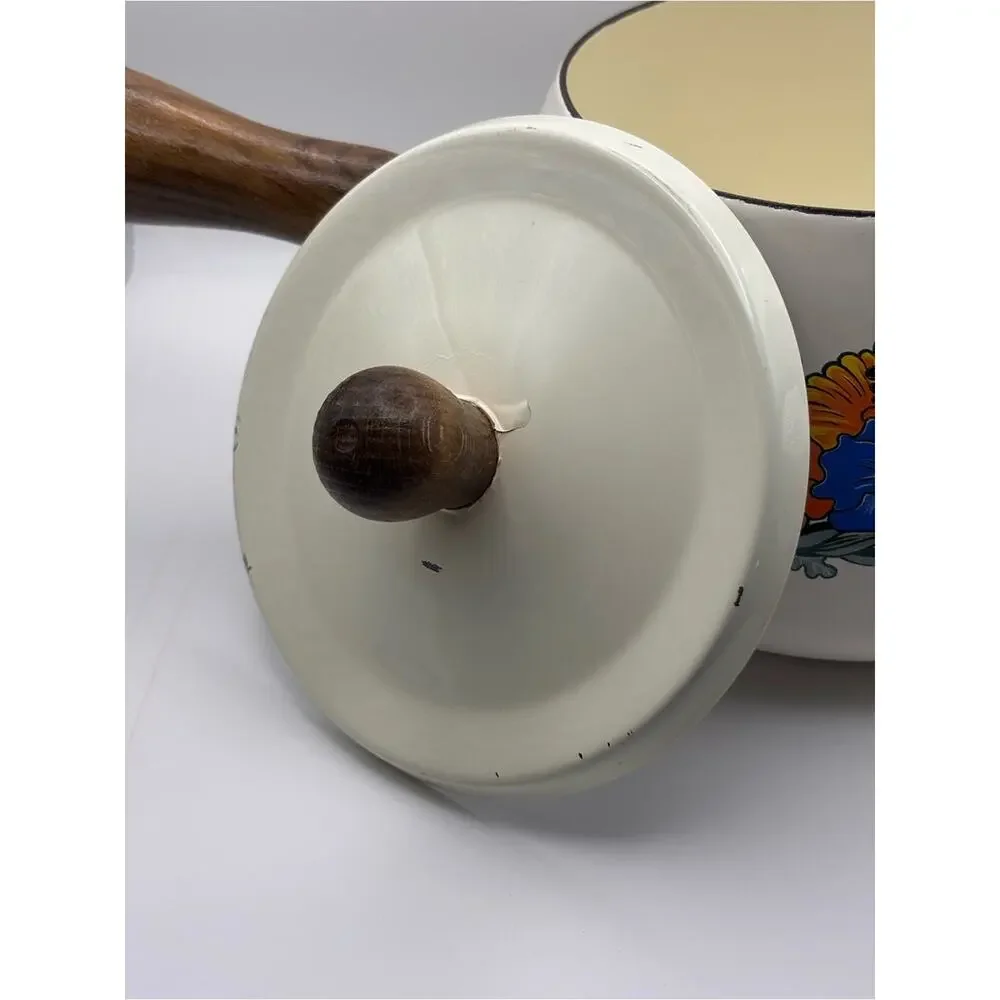 Vintage Kamenstein Floral Enamel Cast Iron Fondue Pot with Wood Handle